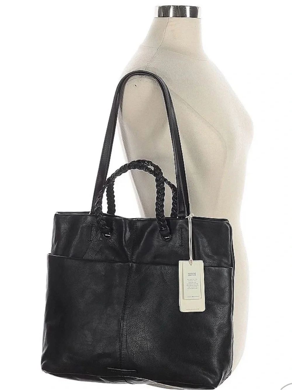 Lucky Brand Black Leather Tote Bag with Braided Handles EUC